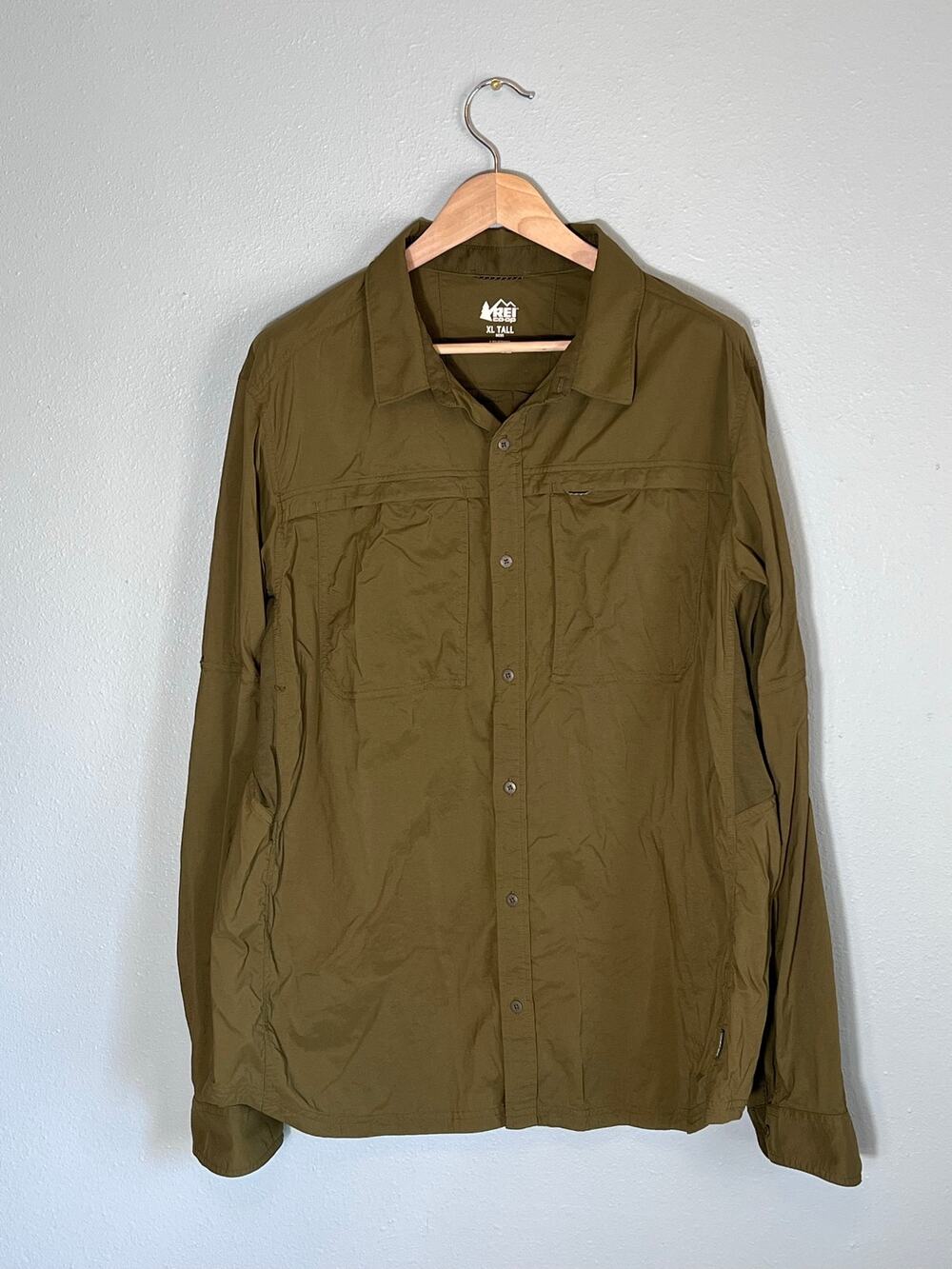 REI CO-OP Long Sleeve Button Up XL TALL Green Olive Stretch Coop Hiking Fishing
